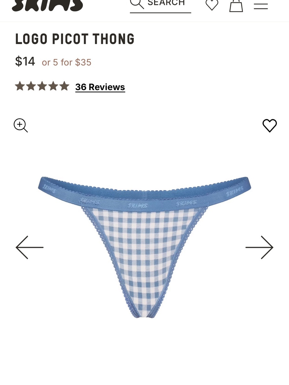 SKIMS Blue Gingham Logo Picot Thong